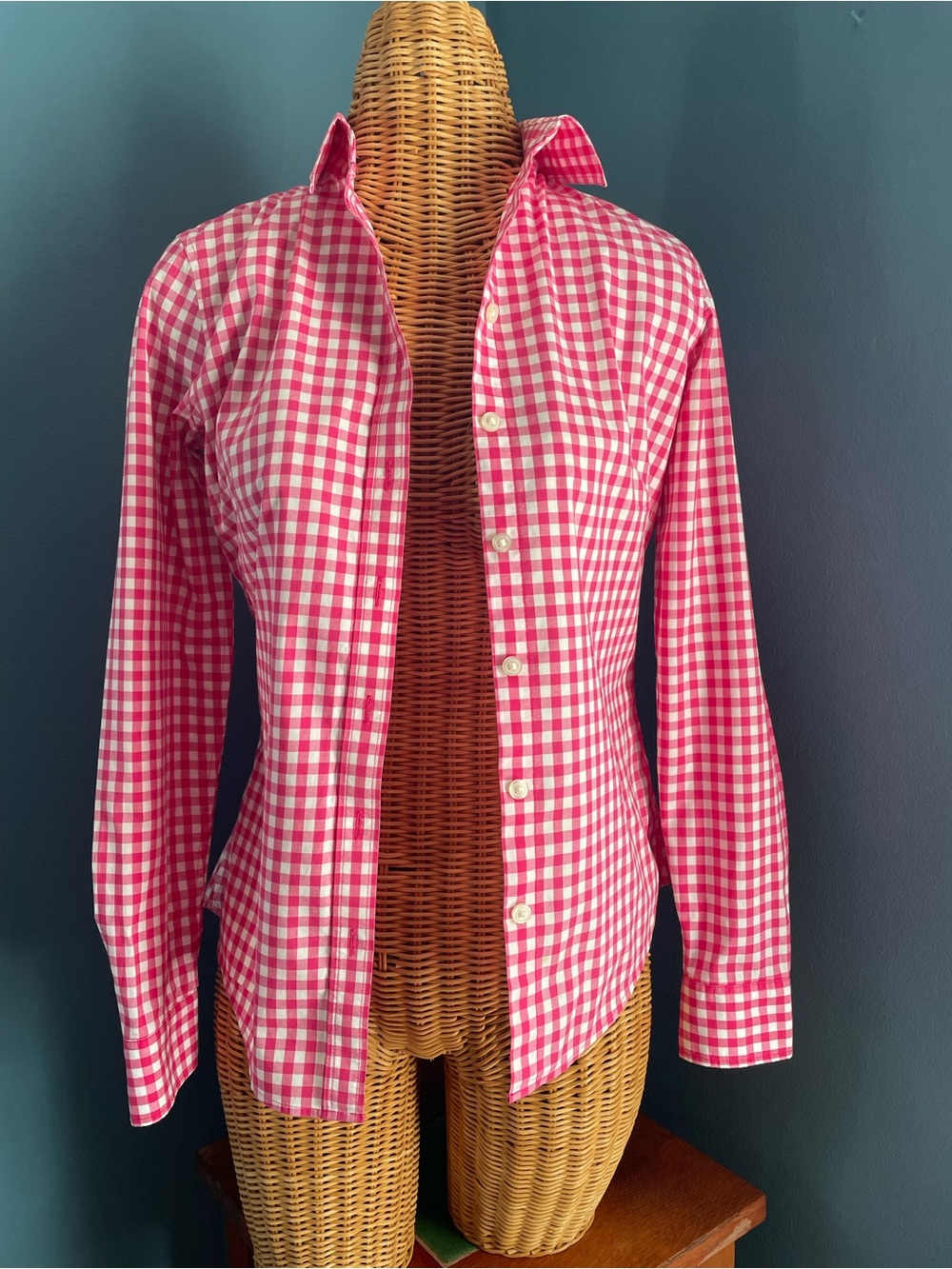 Banana Republic Lipstick Pink Gingham Fitted Button Down Non-Iron 95% Cotton 2
